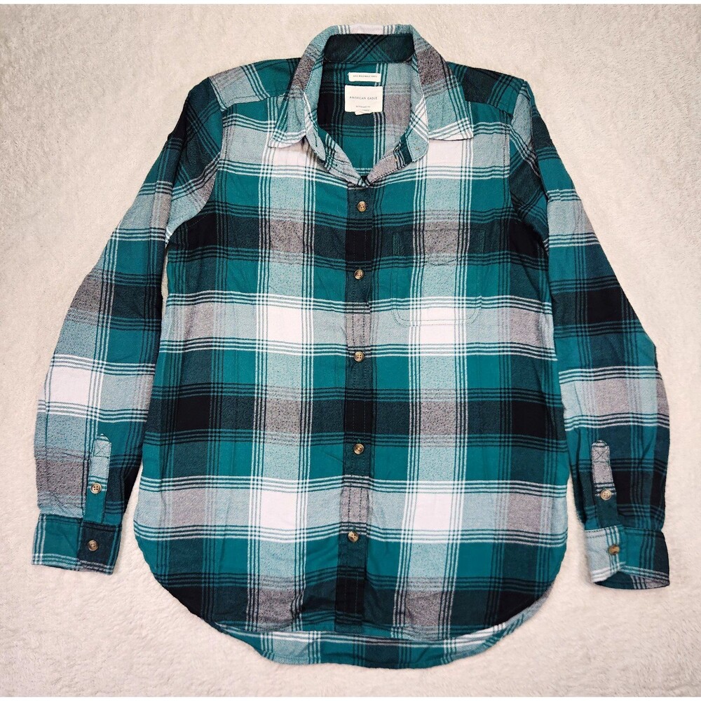American Eagle Women's XS Plaid Flannel Button Up Shirt Boyfriend Fit Green